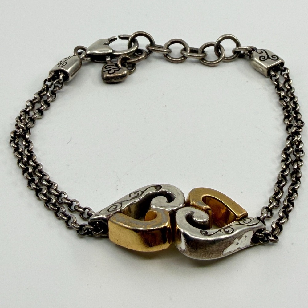 Y2K Two-Tone Heart Bracelet Silver & Gold Tone Link Chain Charm Jewelry Romantic